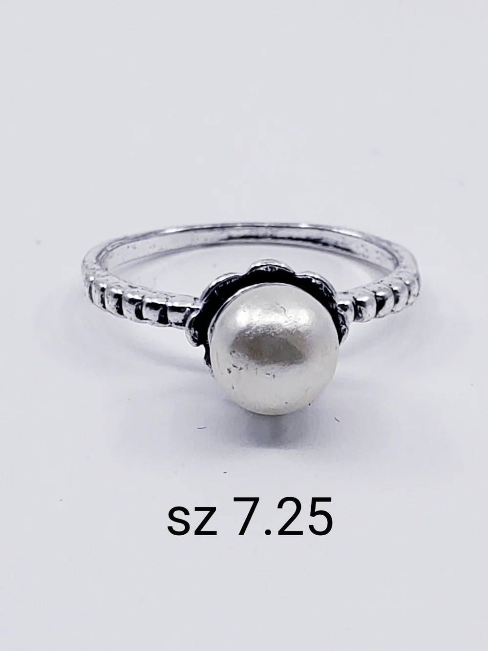 Classic (Daintier) White Pearl Ring with Beaded Silver Band Sz 7.25